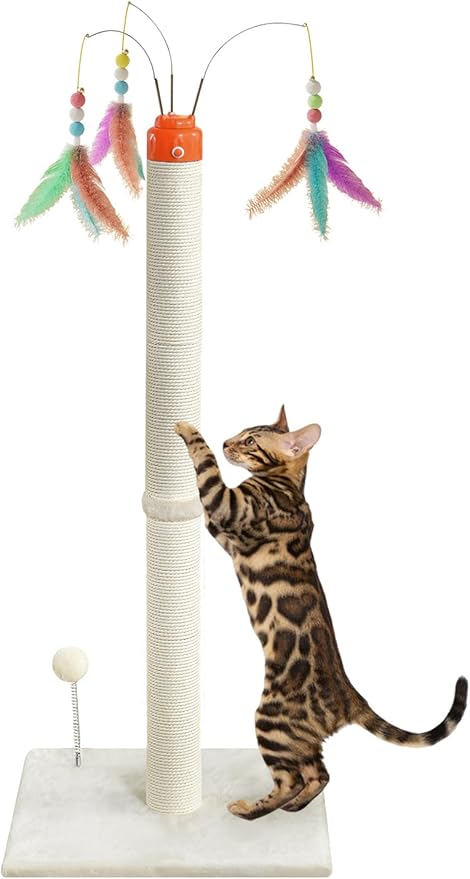 Cat Scratching Post ，41.3" Tall Automatic Teaser Wand Scratching Post with Sisal Rope，Interactive Automatic Rotating Hanging Balls Cat Toys for Indoor Cats and Adult