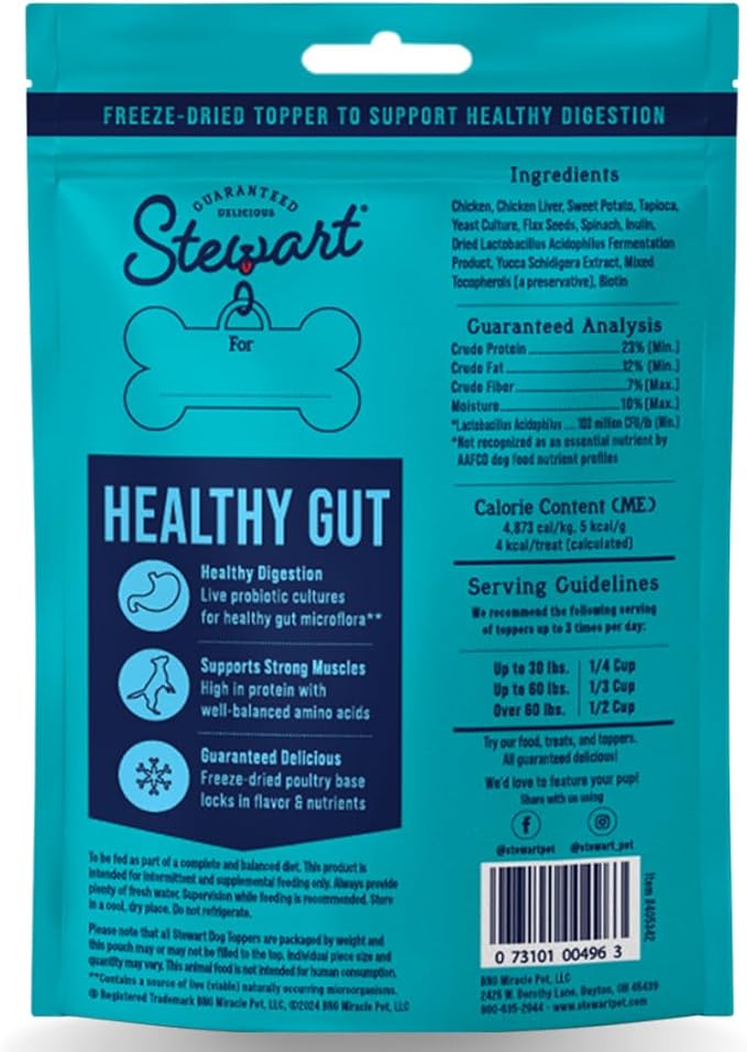 Stewart Freeze Dried Dog Food Topper, Healthy Gut, Chicken and Vegetable Recipe, 4 Ounce Pouch, with Live Cultures for Enhanced Digestion