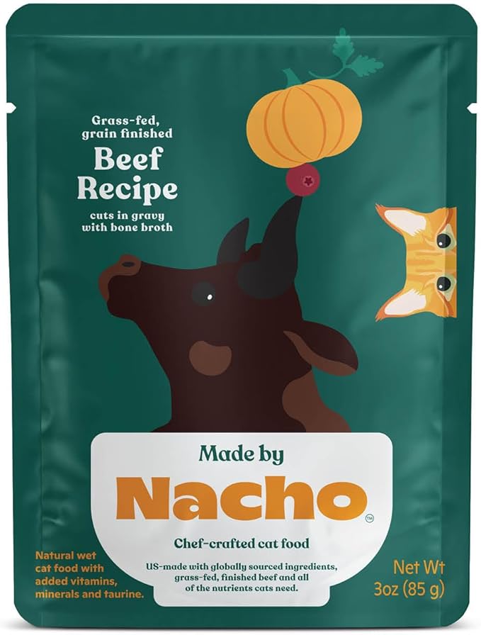 Made by Nacho Wet Cat Food, Cuts in Gravy, Limited Ingredients, Grass-Fed Grain Finished Beef Recipe with Bone Broth for Extra Hydration, (12) 3 oz. Pouches