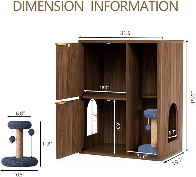 Cat Litter Box Enclosure Furniture, 2 Storey Hidden Litter Box Cabinet with Scratching Post & Storage Shelf, Fluted Modern Litter Box Enclosure for Living Room, Bedroom,Walnut