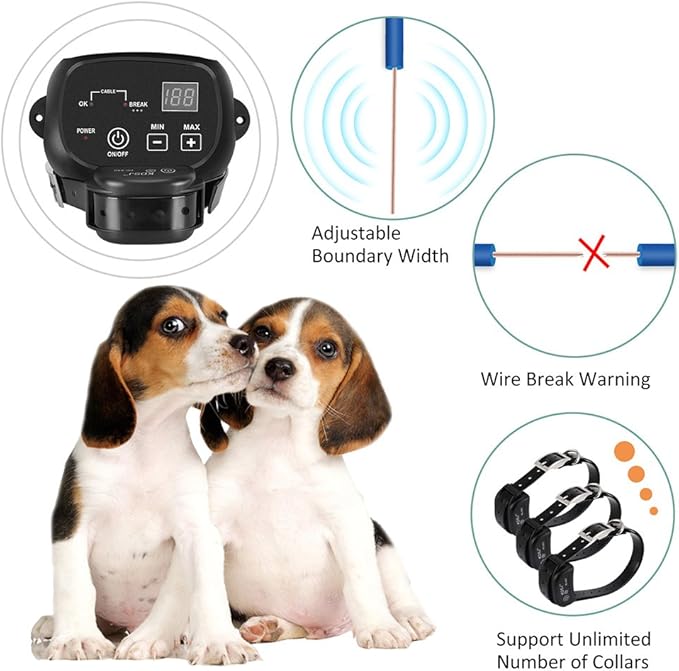 Electric Dog Fence, Wired Pet Containment System, Aboveground/Underground Installation, 650 Ft Wire, IP66 Waterproof Rechargeable Collar, Shock/Tone Correction Mode, 2 Collars