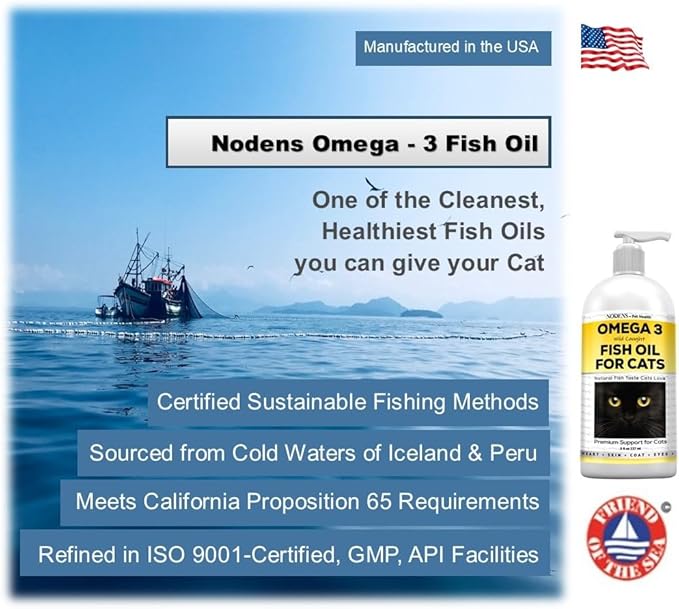Nodens Natural Fish Oil for Cats Skin & Coat - 100% Pure Omega 3 Fish Oil for Dandruff & Hairballs - Cat Vitamins and Supplements Fish Oil Liquid for Joint Inflammation, Immune Support & Digestion