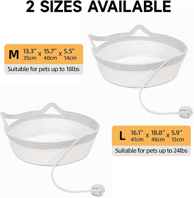 Hand Woven Cat Bed Basket With Toy Tail, Cotton Rope Foldable Sleeping Basket, Kitten Shaped House for Cats, Puppies, Rabbits and Small Pets (Medium, Gray & White)