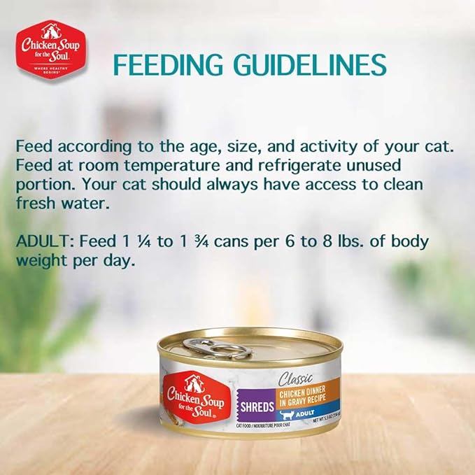 Chicken Soup for The Soul All Natural Premium Adult Wet Cat Food, Real Meat First Ingredient, No by-Products, Artificial Colors, Flavors or Preservatives, Chicken Shreds Dinner, 5.5oz (Pack of 24)