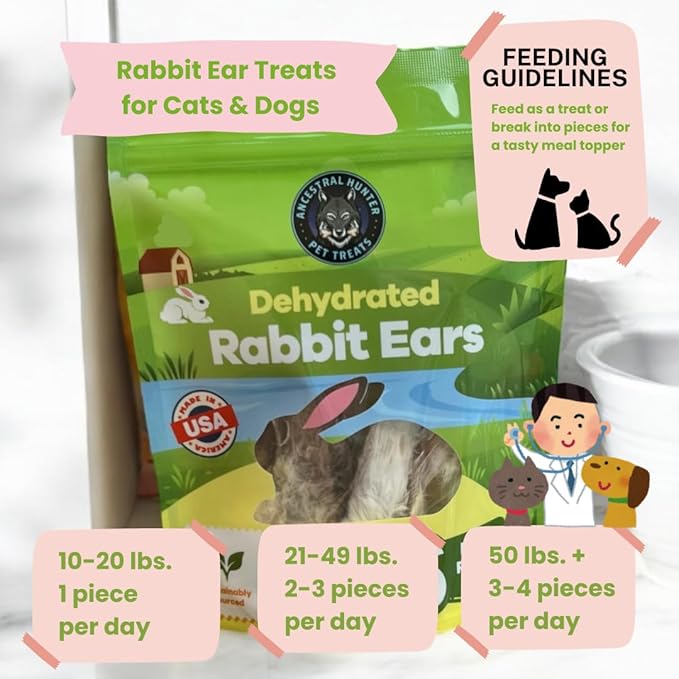 Dehydrated Rabbit Ears for Dogs & Cats - - USA Sourced Whole Ears with Fur for Dogs - Rawhide Alternative - 100% Single Ingredient Crunchy Furry Rabbit Ears (6 Count)