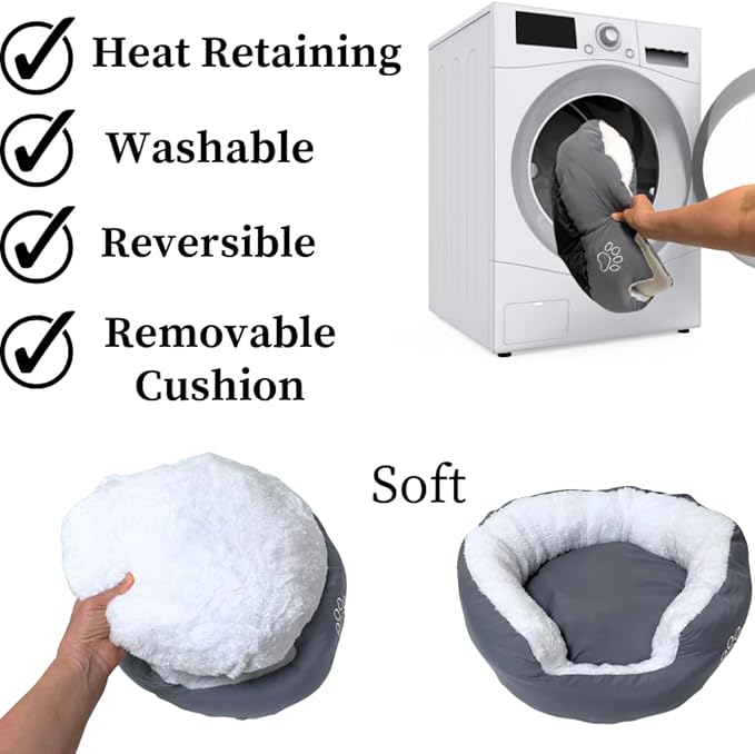 Evelots Calming Donut Cat Bed - Warm Pet Bed for Cats and Small Dogs - Anti-Anxiety Cozy Cuddler - Removable Soft Plush Cushion - Machine Washable - Non-Slip Bottom - Grey
