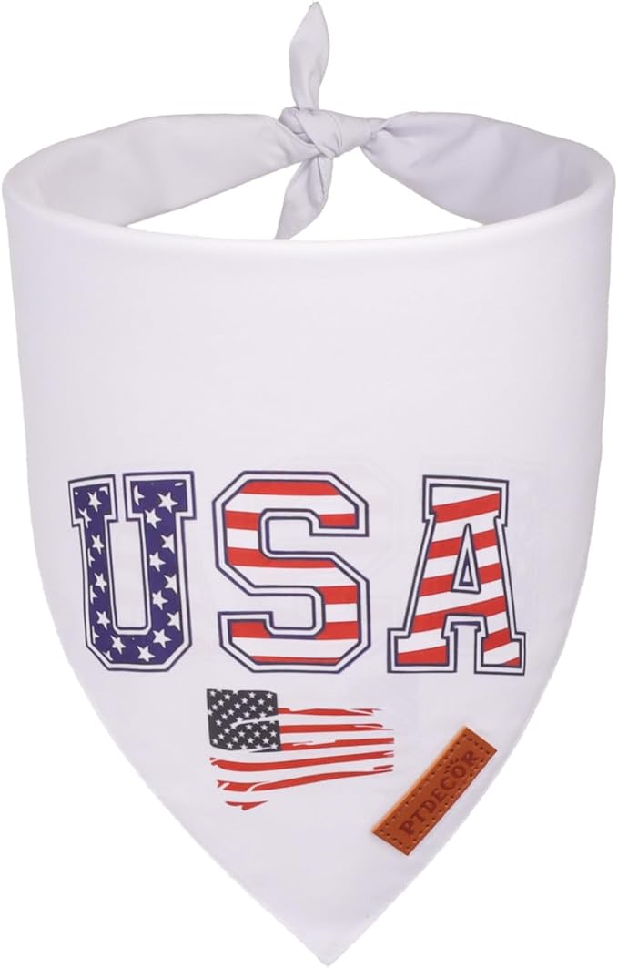 PTDECOR American Flag Dog Bandana, White USA Flag 4th of July Pet Scarf, Premium Durable Fabric, Reversible Triangle Patriotic Bandanas for Medium Large Dogs Pets (Large)
