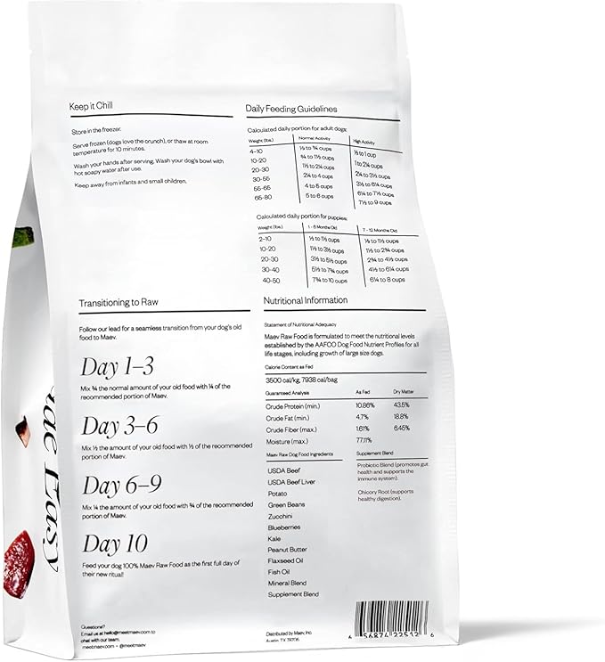 Maev Raw Dog Food, Better Than Freeze Dried Flash Frozen with Lean Beef Protein, Vitamin-Rich Organ Meat in Every Serving, Weight and Digestion Formulation, Adult Dogs, 10 Pounds (2 Packs) White