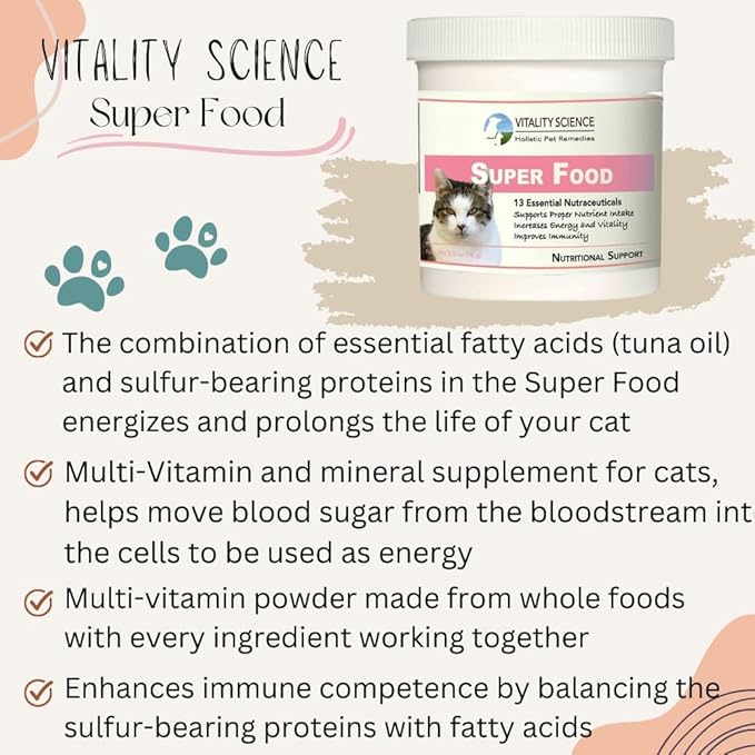 Vitality Science Super Food for Cats | High Potency Multi-Vitamin and Mineral Supplement | Increases Energy and Vitality | 100% Natural (220g)