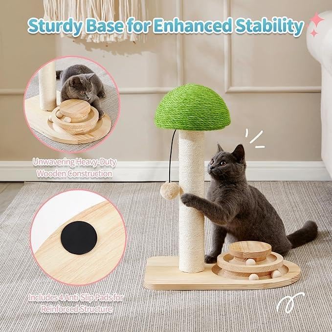Mushroom Cat Scratching Post with Sisal Rope and Interactive Ball Track – 2-in-1 Wooden Cat Scratcher with Dangling Ball Toy and 20-Inch Scratch Pad for Indoor Cats