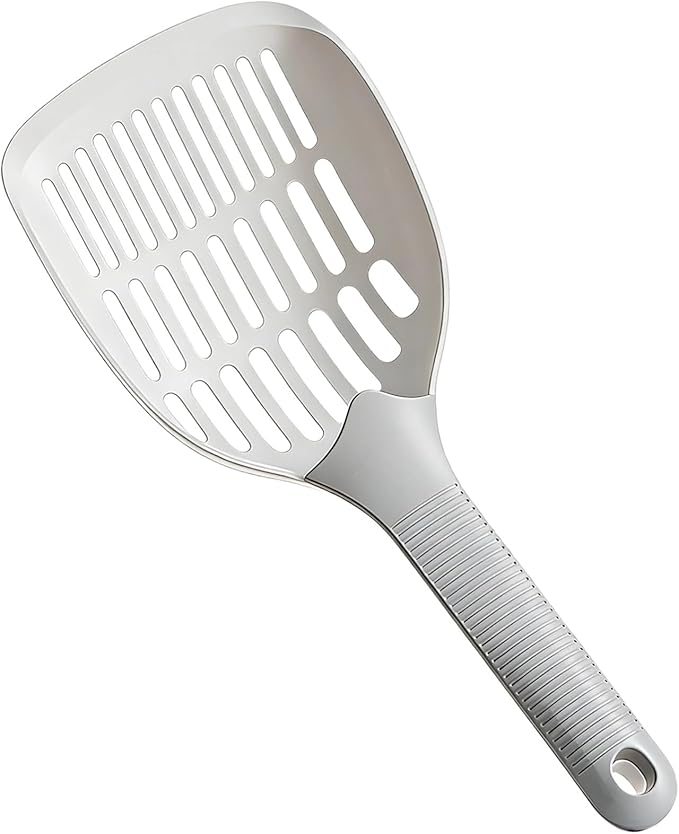 Large Cat Litter Scooper with Long Handle, 4.6 in Scoop, Sifting Design, Solid One-Piece, Grey Scooper with Hook