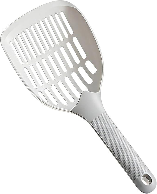 Large Cat Litter Scooper with Long Handle, 4.6 in Scoop, Sifting Design, Solid One-Piece, Grey Scooper with Hook