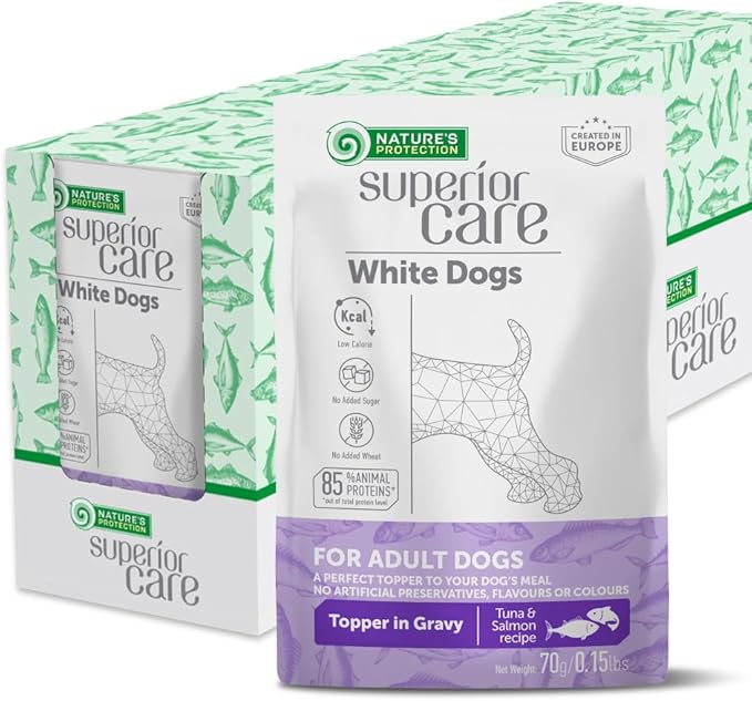 Nature's Protection Wet Dog Food Pouches for Small & Large Breed - High Protein, 24-Pack Soft Dog Food Toppers for Adult Dogs with Light Fur (Superior Care - Tuna & Salmon, 2.46-oz)