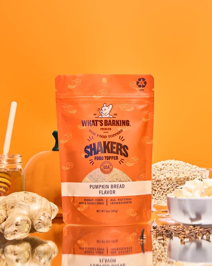 What's Barking Shakers Meal Toppers, Dog Treat Crumbles for Food Topping, Pet Essentials, Sprinkle Topper for Kibble or Wet Food, Made in USA, Resealable Bag, Pumpkin Bread Flavor, 5 oz