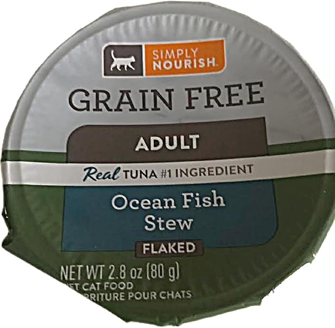 SIMPLY NOURISH Adult Cat Grain Free Stew Flaked. 6-2.8 OZ Cups. Plus Cat Toy Will Vary. (Ocean Fish Stew)