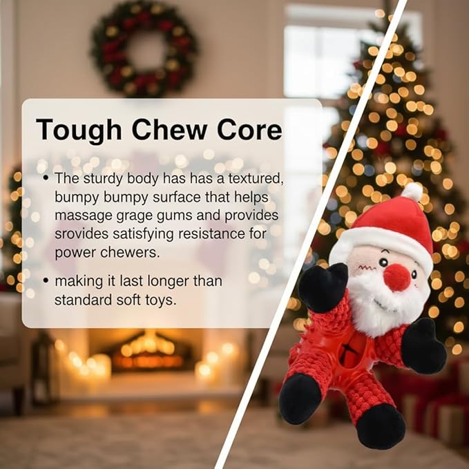 Durable Christmas Santa Dog Toy with Plush Head & Textured Rubber Chew Body | Squeaky Holiday Pet Gift (Santa Claus)