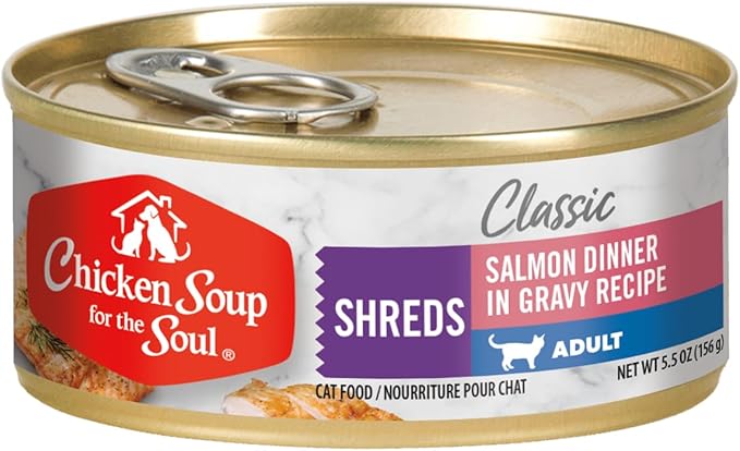 Chicken Soup for the Soul All Natural Premium Adult Wet Cat Food, Real Meat First Ingredient, No By-Products, Artificial Colors, Flavors or Preservatives, Salmon Shreds Dinner, 5.5oz (Pack of 24)