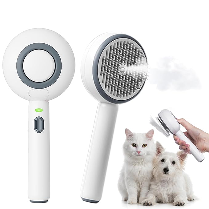 Cat Steam Brush, 3 in 1 Comb for Shedding, One-Click Hair Removal Brush with Steam, 2025 New Spray Pet Grooming Brushes for Dogs and Cats, Self Cleaning, IPX7 Waterproof (White)