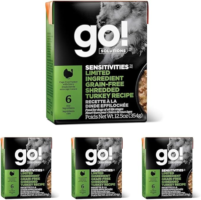 Go! Solutions Sensitivities Limited Ingredient, Grain-Free Wet Dog Food, Shredded Turkey Recipe for Sensitive Stomach, 12.5 oz (Pack of 4)