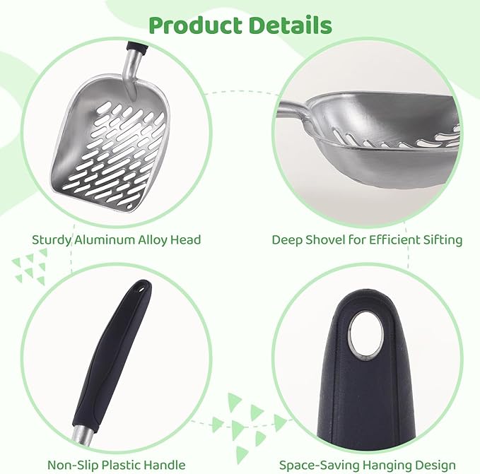 Heavy-Duty Cat Litter Scoop with Long Handle, Aluminum Alloy Poop Sifter, Non-Stick for Easy Cleaning