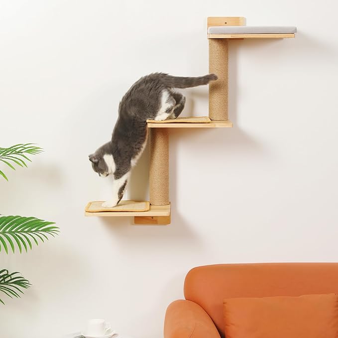 Cat Wall Shelves, 3-in-1 Transformable Wall-Mounted Scratching Post, Cat Tree Shelf & Climbing Steps for Play, Climb & Scratch (Large)