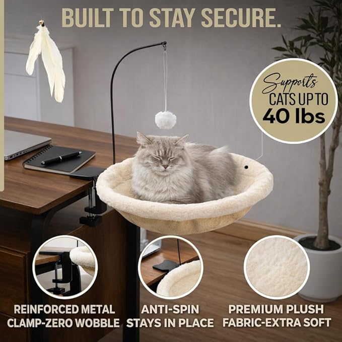Cat Desk Bed for Home Office – Plush Clamp-On Cat Hammock with Hanging Feather and Ball Toy, Non-Slip Heavy-Duty Mount, Space-Saving Desk Mounted Cat Bed for Remote Workers Supports 40 lbs