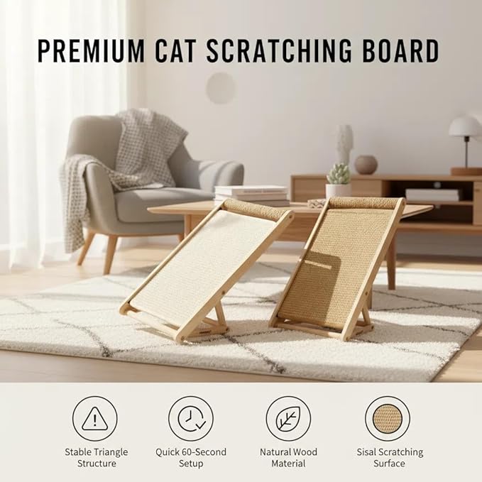 Cat Scratching Pad with 100% Sisal, Stable Triangle Design, 2-Step No-Tool Assembly, 22" Wooden Ramp to Protect Furniture & Sofa, Natural Incline Board for Indoor Cats (Brown)