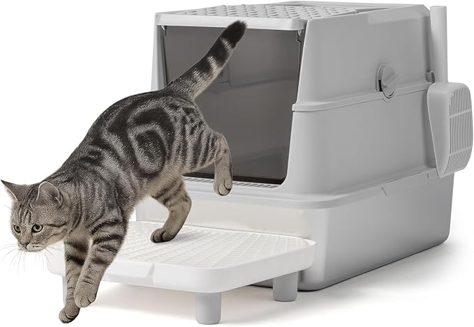 Outvita Stainless Steel Cat Litter Box with Lid 23.6", XL Metal Litter Box with Stair and Litter Scoop for Big Cats, Extra Large High Sided Enclosed, Anti-Leakage, Non-Sticky, Easy Cleaning