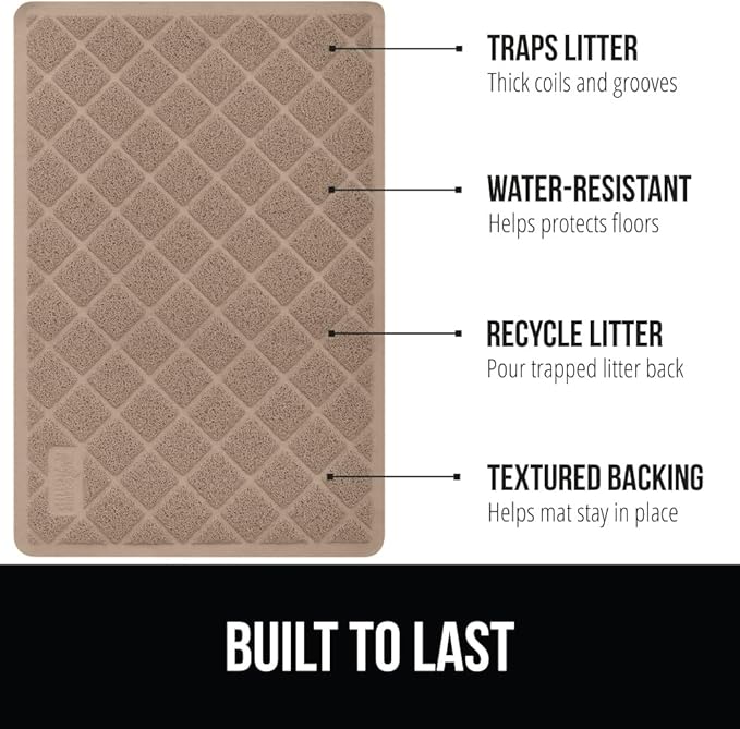 GORILLA GRIP Cat Litter Box Mat, 40x28, Water Resistant, US Designed Kitty Litter Trapping Mats, Easy to Clean, Scatter Control, Less Mess and Clean Floors, Kitten Supplies for Indoor Cats, Beige