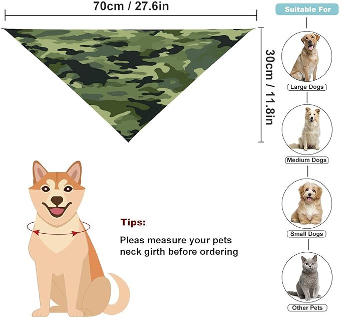 Dog Bandana Spring Pet Scarf Adjustable Triangle Camo Green Printing Dog Bib Washable Polyester Puppy Bandana for Small Medium Large Dogs Cat Birthday Party Supplies