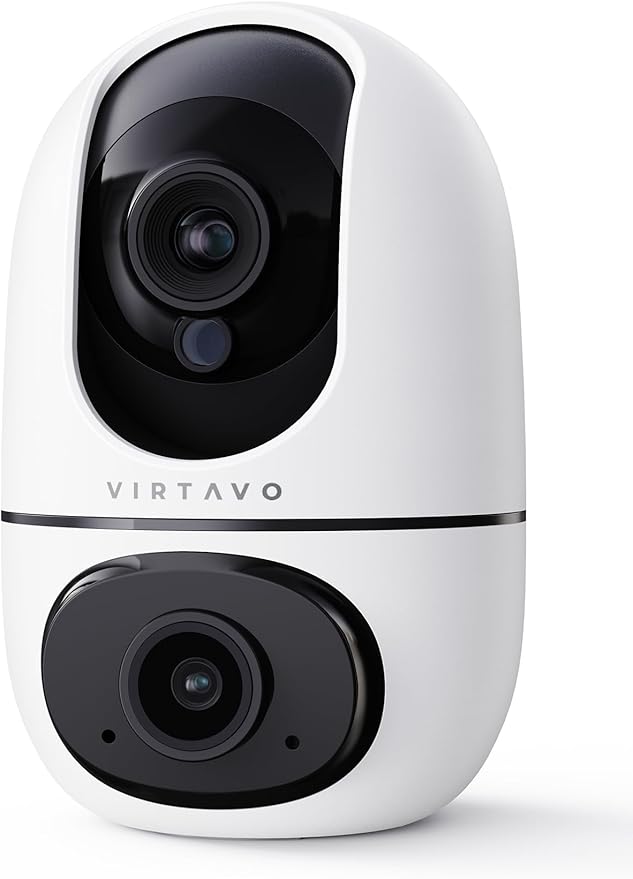 virtavo Pet Camera Indoor for Dogs & Cats, 360° PTZ Pet Monitor with Motion Tracking, Dual‑Lens, 2‑Way Audio, Night Vision, No Subscription, Wi‑Fi 6 (2.4GHz/5GHz), SD & Cloud Storage