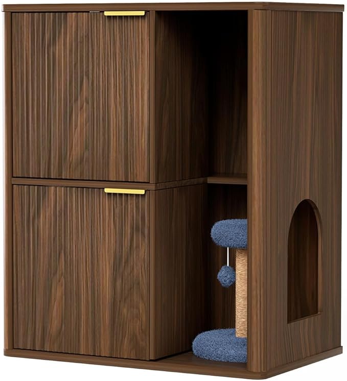 Cat Litter Box Enclosure Furniture, 2 Storey Hidden Litter Box Cabinet with Scratching Post & Storage Shelf, Fluted Modern Litter Box Enclosure for Living Room, Bedroom,Walnut