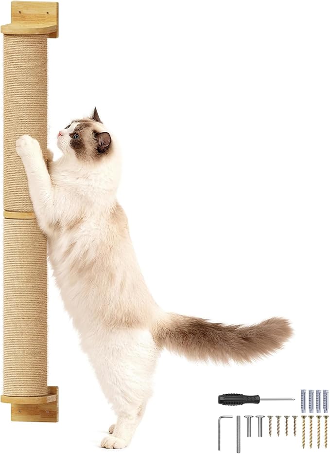 Cat Wall Scratcher Post- 35" Thicker Columns Wall Mounted Rubber Wood Sisal Scratching Post Furniture for Large Cats and Kittens