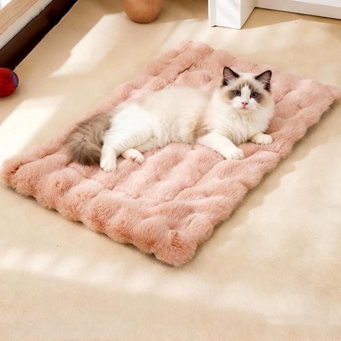 Cat Bed Mat Dog Crate Pads, Cat Beds for Indoor Cats Small Dogs, Plush Pet Bed Mats Faux Fur Dog Crate Mat with Removable Pillow for Cages/Floor/Couch (Pink,L-23.6 * 35.4 in)
