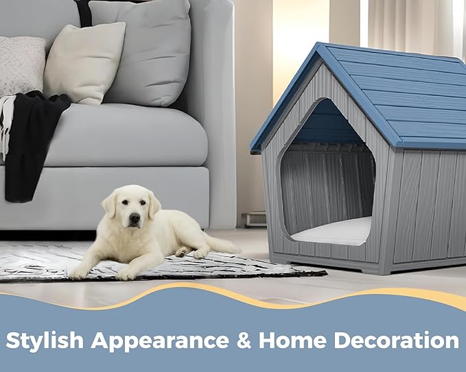 DRATO Dog House Outdoor Indoor Cozy Small Dog Houses Durable Resin Material Houses for Dogs Outside Weatherproof Pet Shelter for Patio, Porch, Living Room (Blue)