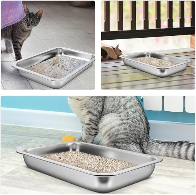 Stainless Steel Cat Litter Box Open Design Large Metal Litter Pan Easy to Clean Portable Kitten Tray for Cats and Small Pets
