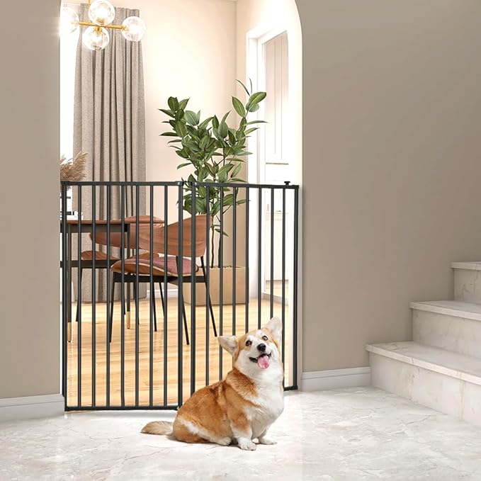 2 Panels Metal Freestanding Dog Gates with Door,40''W Detachable Foldable Dog Fence Indoor Outdoor Puppy Gate, 32''H Free Standing Tall Pet Gate for Doorways,House,Stairs,Porch,Deck,Yard
