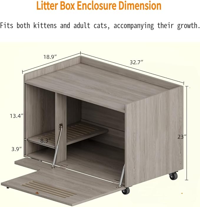 32.7" Gray Cat Litter Box Enclosure, Hidden Litter Box Furniture with Top Side Fence, Indoor Side End Table/Storage Cabinet for Large Cats