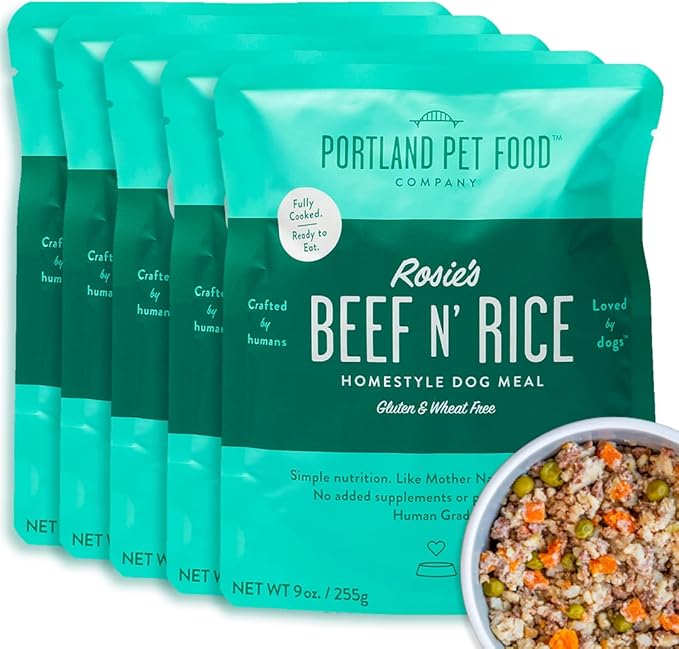 CRAFTED BY HUMANS LOVED BY DOGS Portland Pet Food Company Rosie’s Beef N' Rice Wet Dog Food Pouches 5pk and Tuxedo’s Chicken & Yams Wet Dog Food Pouches 5pk Bundle