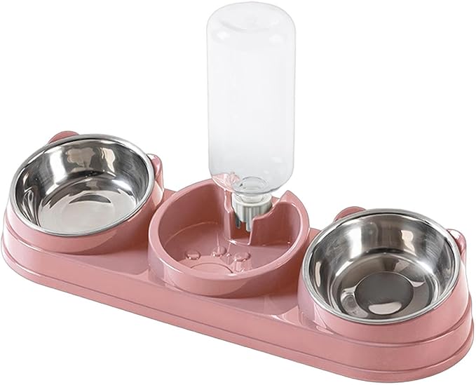 Elevated Double Bowl Pet Feeders with Automatic Water Dispenser Antislip Base for Dog Cats Daily Feeding Watering Supply - Pink - Steel Bowl