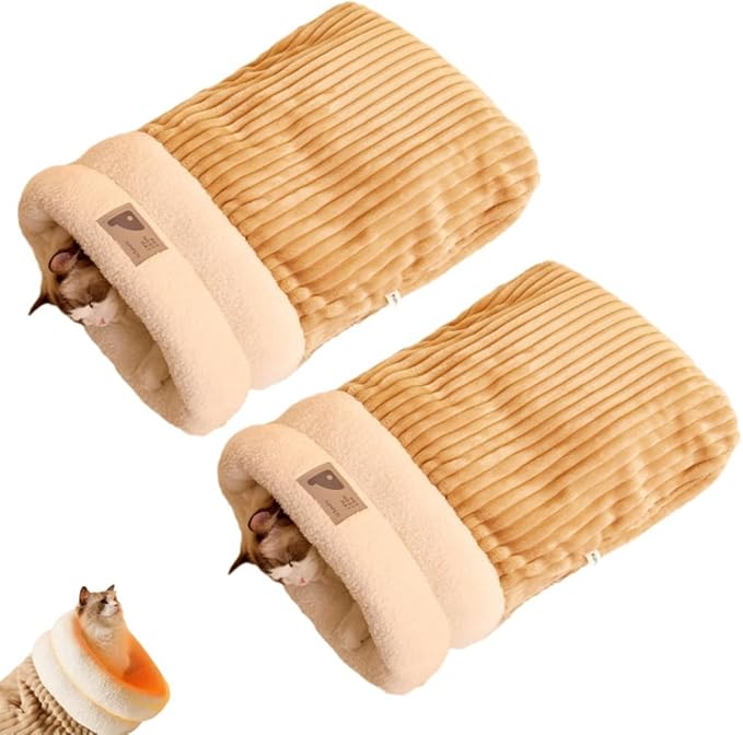Cat Sleeping Bag, Cats Winter Sleeping Bag for Indoor Cats Cozy Plush Cat Cave Bed, Self-Warming Pet Snuggle Sack for Kitten Puppy Small Dogs (B-Brown 2 pcs, M-17"x14.5")