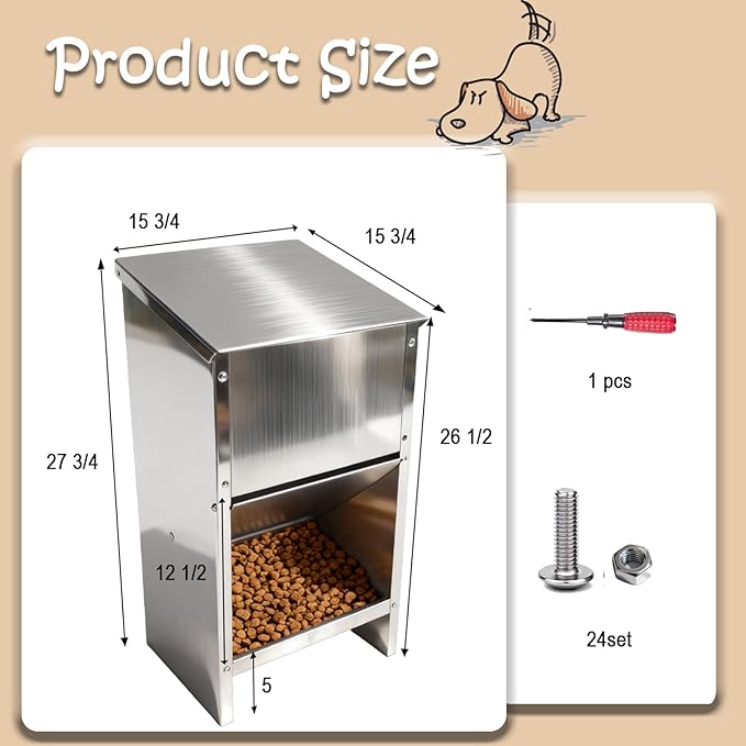 Dog Food Feeder for Kibble - (Stainless Steel Natural Color Anti-Corrosion) - Automatic Food Dispenser Gravity Self Feeding Outdoor for Medium, Large Dog Breedss - 50Lbs New Upgrade