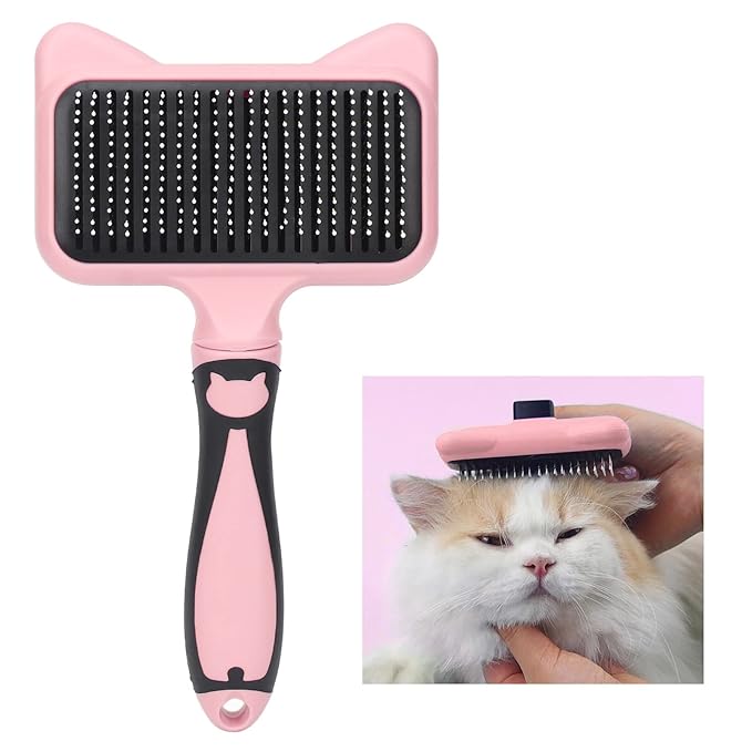 Cat Grooming Brush, Ergonomic Cat Brushes with 140 Degree Curved Teeth, Self Cleaning Slicker Brushes with Non Slip Handle and Resin Protection Point (Pink)