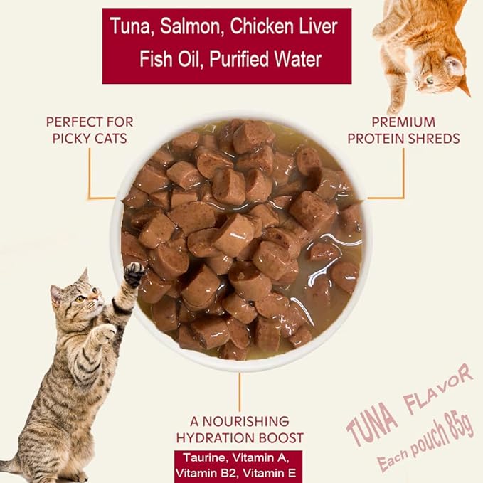 Cats Premium Wet Food 85g Pouch — Moist, Soft Cat Food Mixer, Topper and Rotational Meal (3-Pack, Tuna)