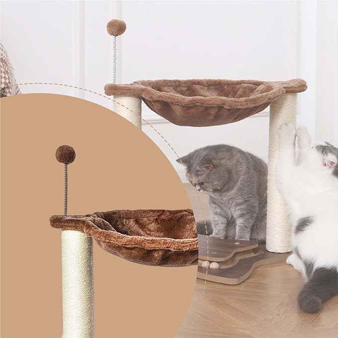 FluffyDream Cat Scratching Post for Indoor Cats, Small Cat Tree Tower with Hammock,Wooden Interactive Ball Track for Kitten and Adult Cats,18inches (Brown)