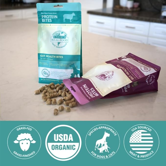 Steve's Real Food Protein Bites Gut Health Treats - Freeze-Dried Pet Treats for Cats and Dogs - Lamb Recipe - 4 oz