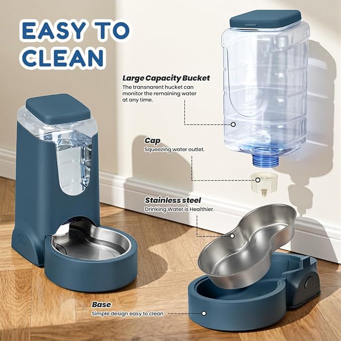 1 Gallon Automatic Cat Feeder Gravity Stainless Steel Water Dispenser Dog Feeder for Small Medium Puppy Kitten Pets Water Feeding Bowls, Navy