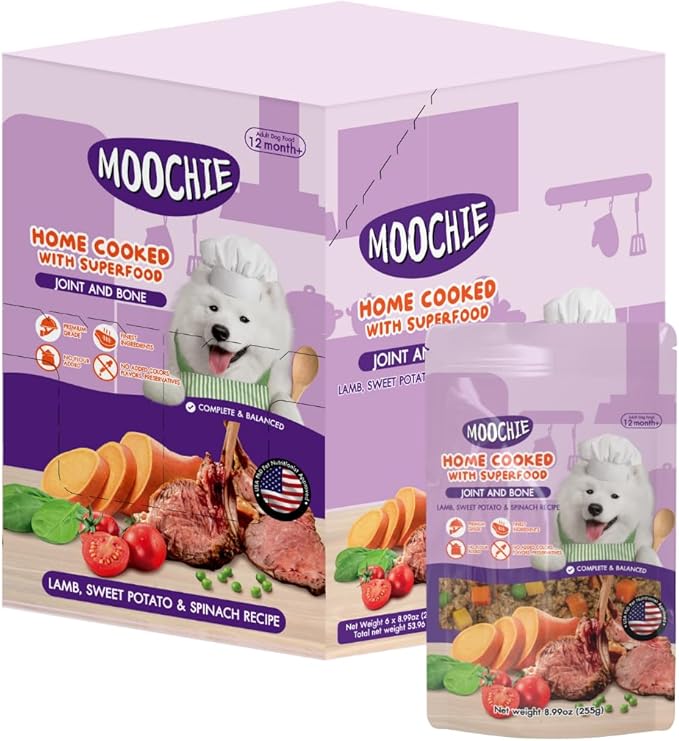 MOOCHIE Home Cooked Superfood Wet Dog Food - Joint & Bone - Lamb, Sweet Potato & Spinach - No Artificial Flavors or Preservative - 6 x 9 oz Pouch