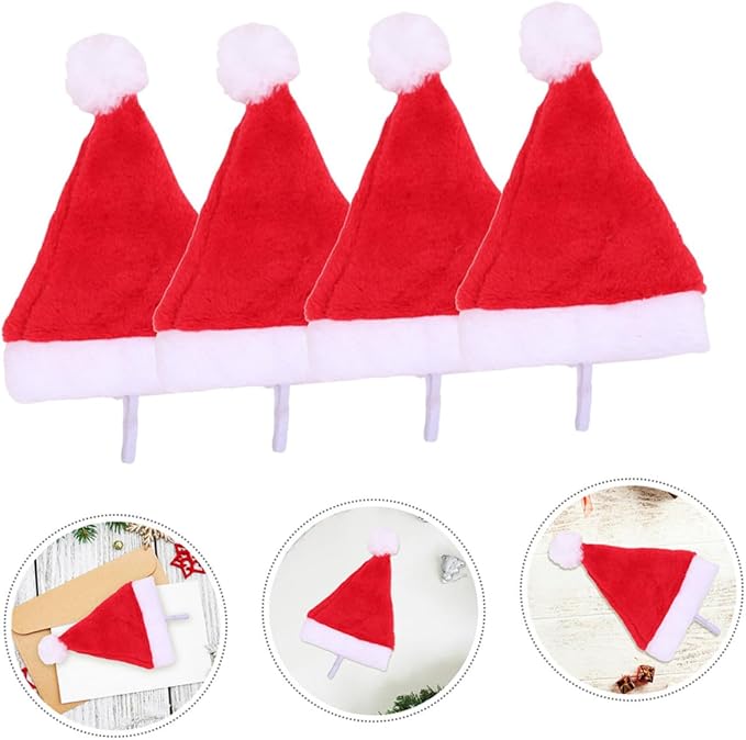 SEWACC 4pcs Adjustable Plush Dog Santa Hat Christmas Pet Costume Cap with Soft Lining for Small Dogs and Cats Holiday Party Supplies
