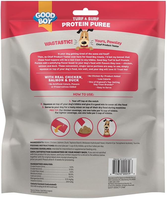 Good Boy Turf & Surf Protein Purees Dog Food Mixers for All Adult Dogs, 30 Count, Easy Single-Serve Triple Flavor Topper Treats with Chicken, Salmon and Duck